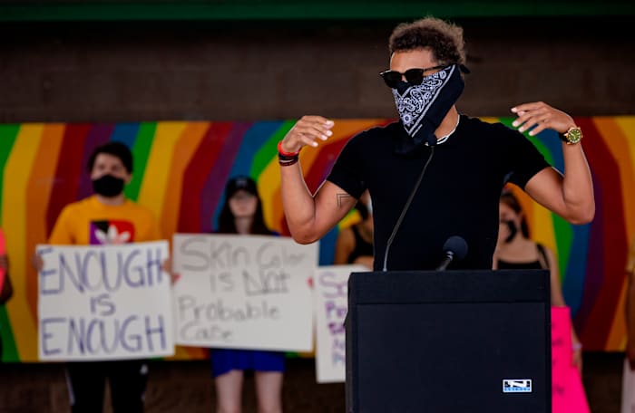 Norman native and Atlanta Hawk basketball player Trae Young speaks to those gathered during a protest at Andrews Park on Monday, June 1, 2020, in Norman, Okla. in response to the death of George Floyd.
